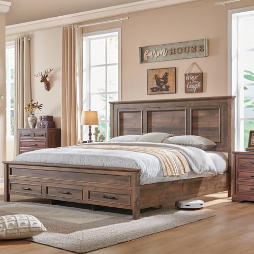 Antique Brown King Size Wood Platform Bed Frame with Headboard and Storage Drawers G326060