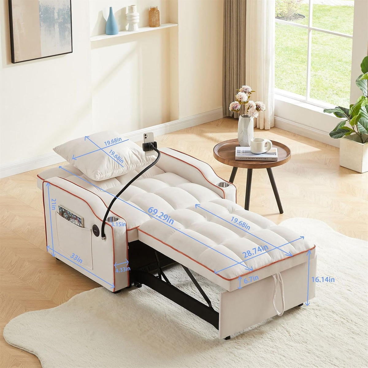 3-in-1 Convertible Pull Out Sleeper Chair Bed with Multi-Pockets S73440