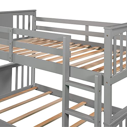 Gray Solid Wood Twin over Twin Bunk Bed with Ladder and Guard Rail V4730