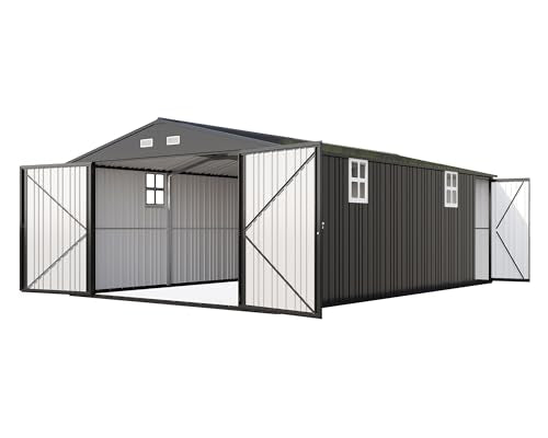 13.2x21x8 FT Outdoor Metal Garage Shed with Double Hinged Doors and 4 Windows V5093