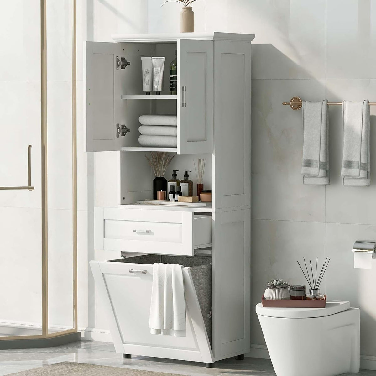 70" Tall Tilt Out Laundry Hamper Cabinet with 2 Doors and Adjustable Shelf R78664