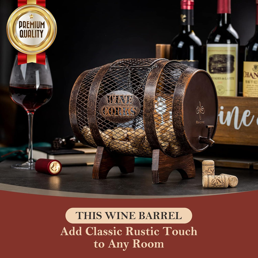 Rustic Metal Large Barrel Wine Cork Holder Display On Wooden Stand N2245