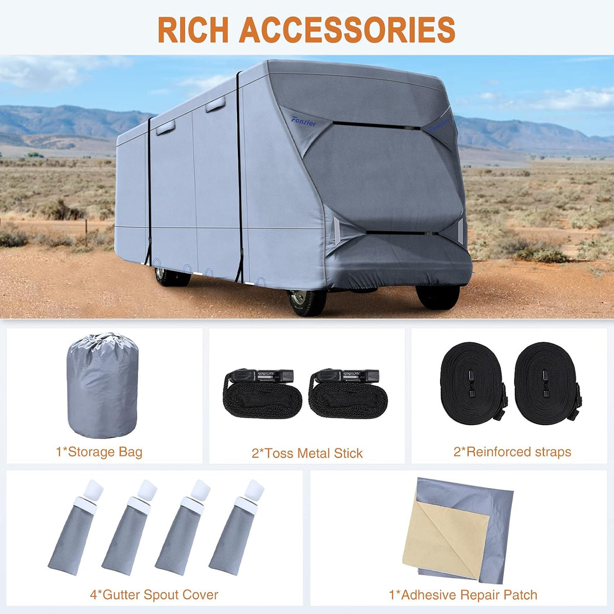 Windproof Waterproof Rip-Stop RV Cover for 23’-26’ Motorhome with 2Pcs Extra Long Straps & Gutter Covers U321