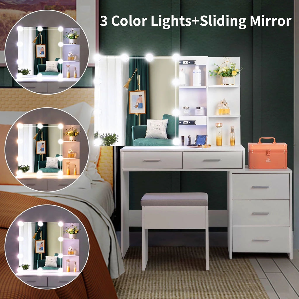 Modern Vanity Table Set with Lighted Mirror, 5 Drawer White A612