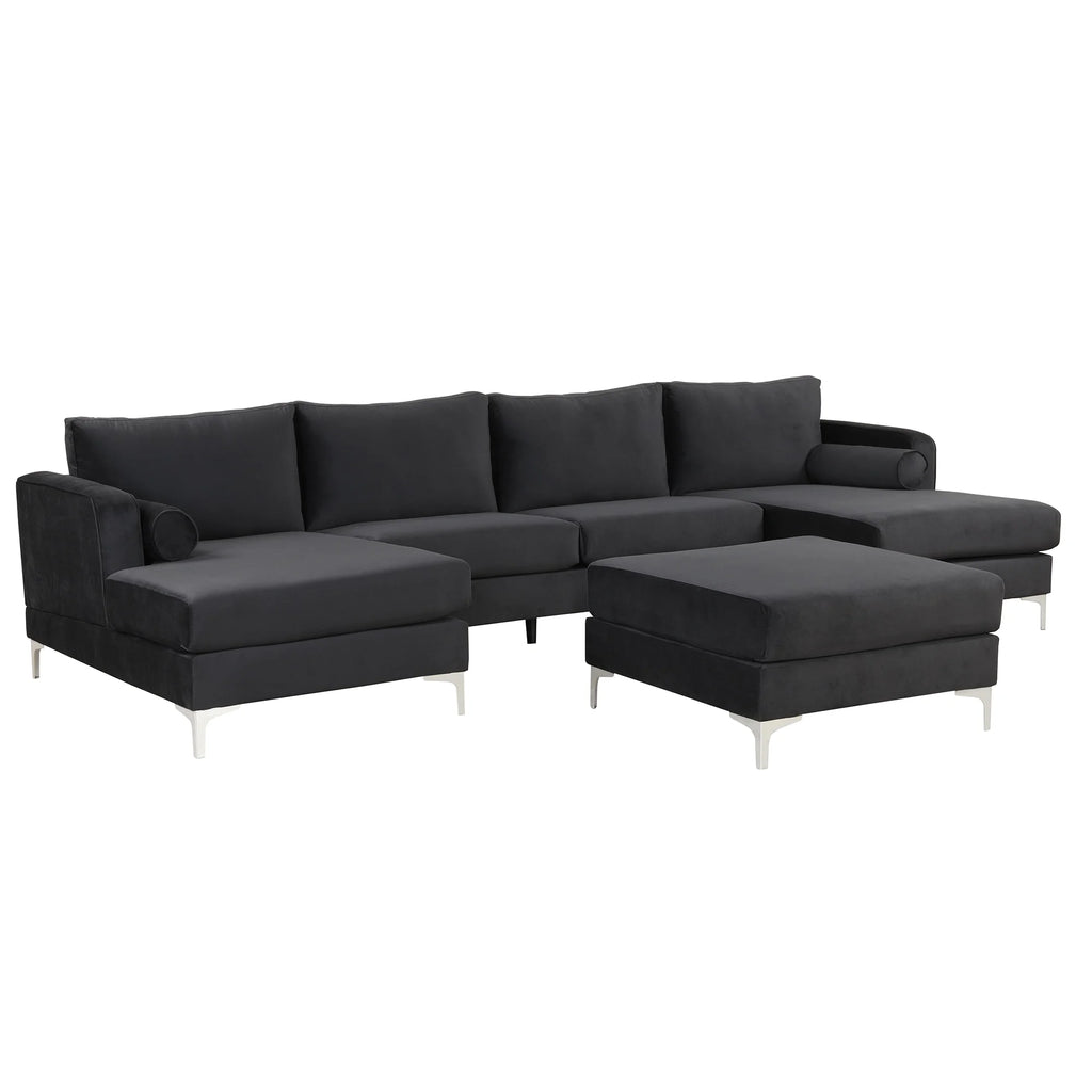 Black Velvet U-Shape Sectional Sofa with Ottoman Y535