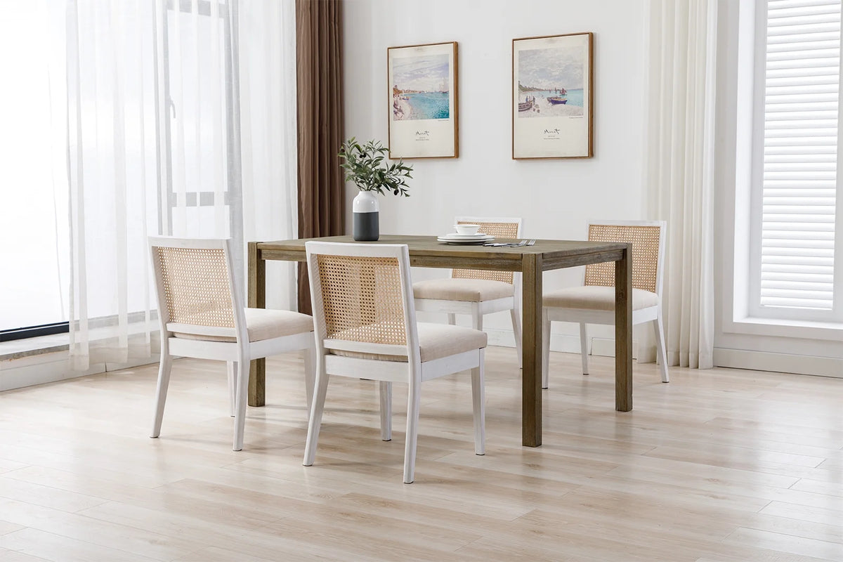 Beige Rattan Dining Chairs Set of 2 with White Hardwood Frame S6188