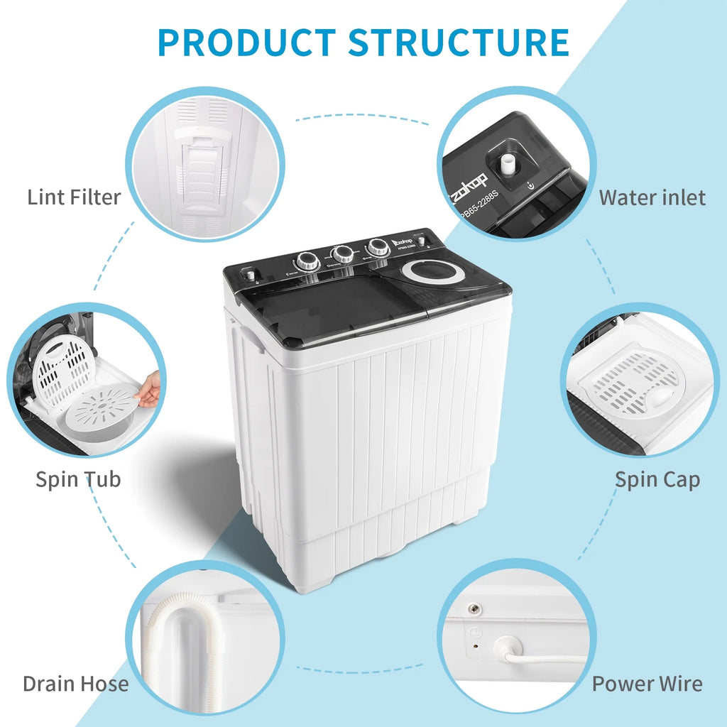 Semi-automatic Twin Tub Washing Machine with Built-in Drain Pump, 26Lbs, White&Black R77438