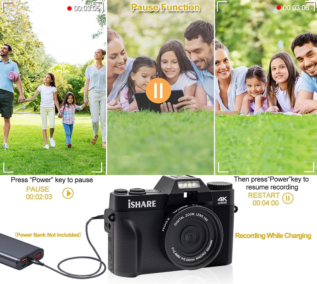 4K 48MP Digital Camera with 3.0 inch 180Deg Flip Screen and 2 Batteries B89965