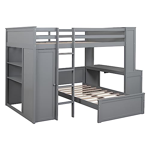 Twin Size Loft Bed with Built-in Desk & Wardrobes, Wood Bedframe with 4 Drawers & 4 Shelves, Gray I872030