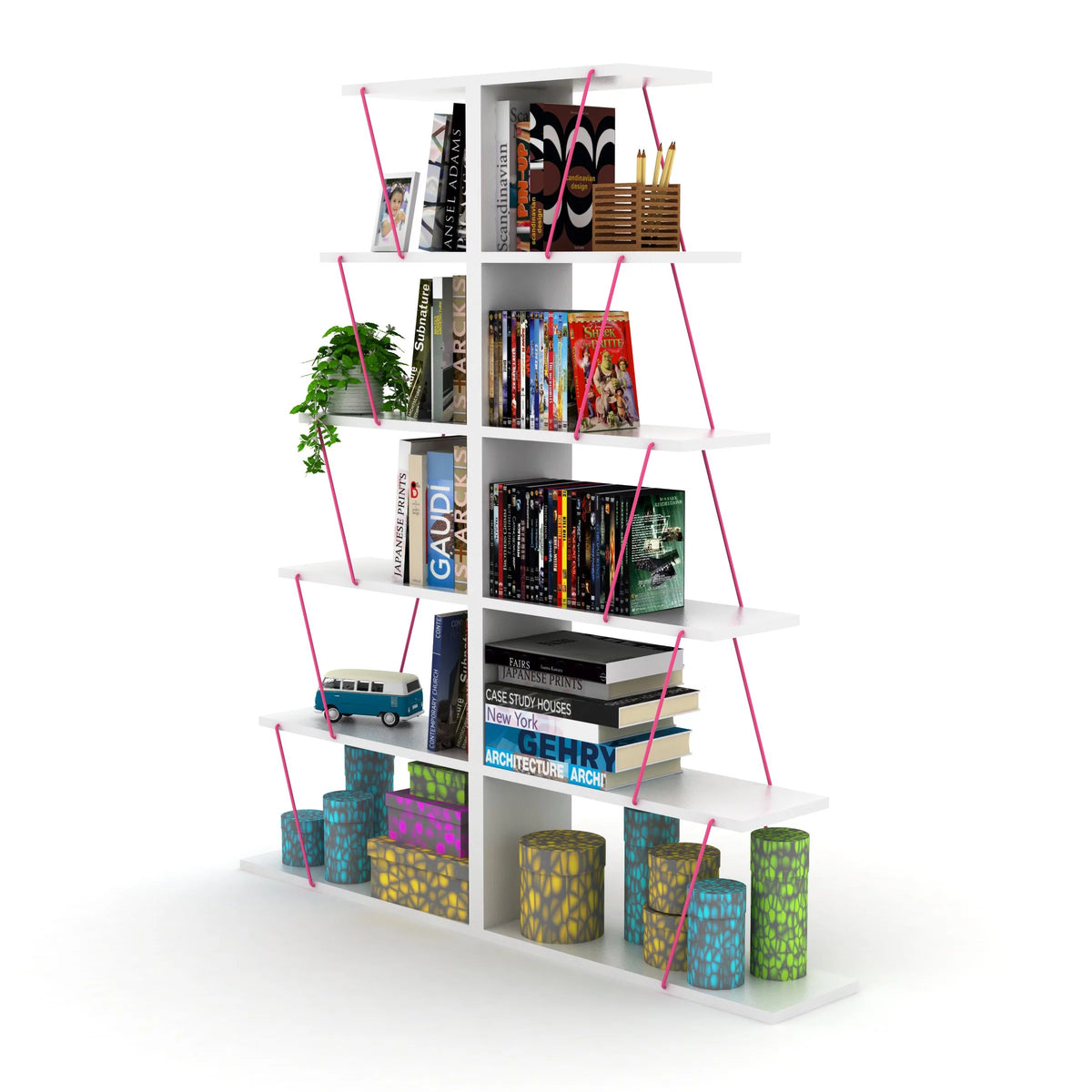 Modern 5 Tier Ladder Bookshelf, White/Pink X21306