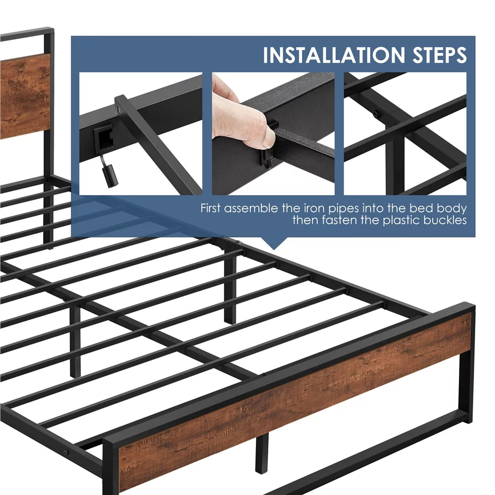 Queen Size Mahogany Metal Platform Bed with Wooden Headboard and Footboard T164