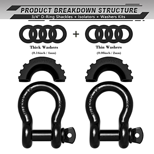 3/4" D Ring Shackle 2 Pack with 7/8" Screw Pin and Isolator Washers Y2473