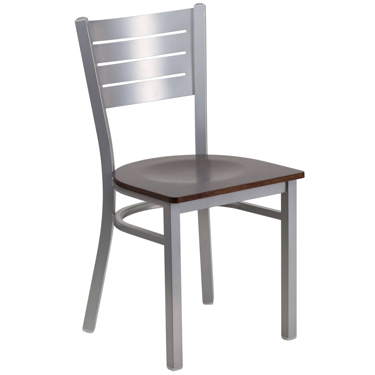 Silver Slat Back Metal Restaurant Chair Walnut Wood Seat U1514