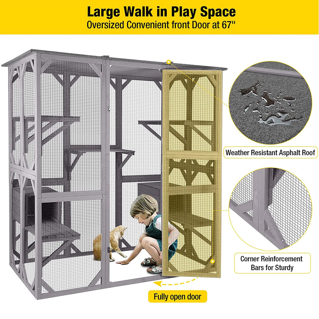 Cat Enclosure, 5-Platform Wooden Cat House with Asphalt Roof, 71 in H93198