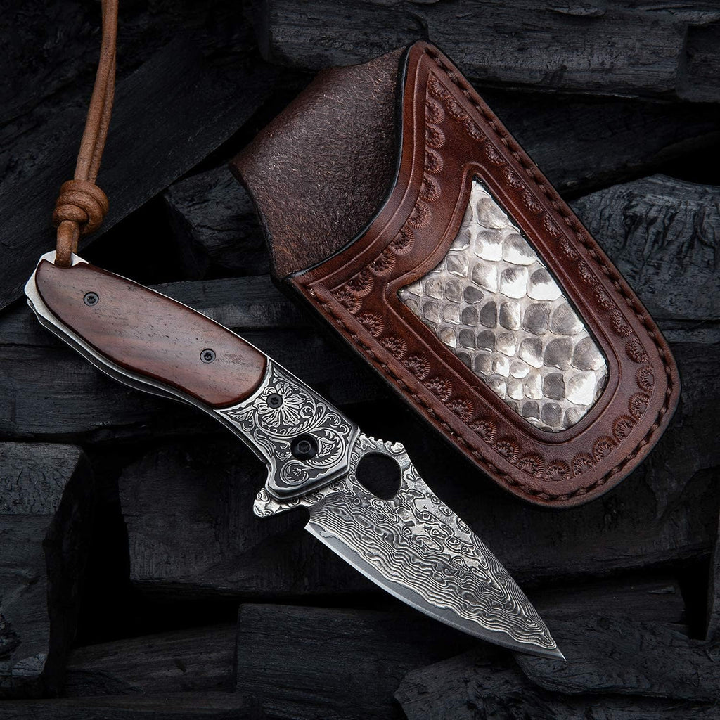2.5in VG10 Damascus Steel Folding Pocket Knife with Rosewood Handle I8780