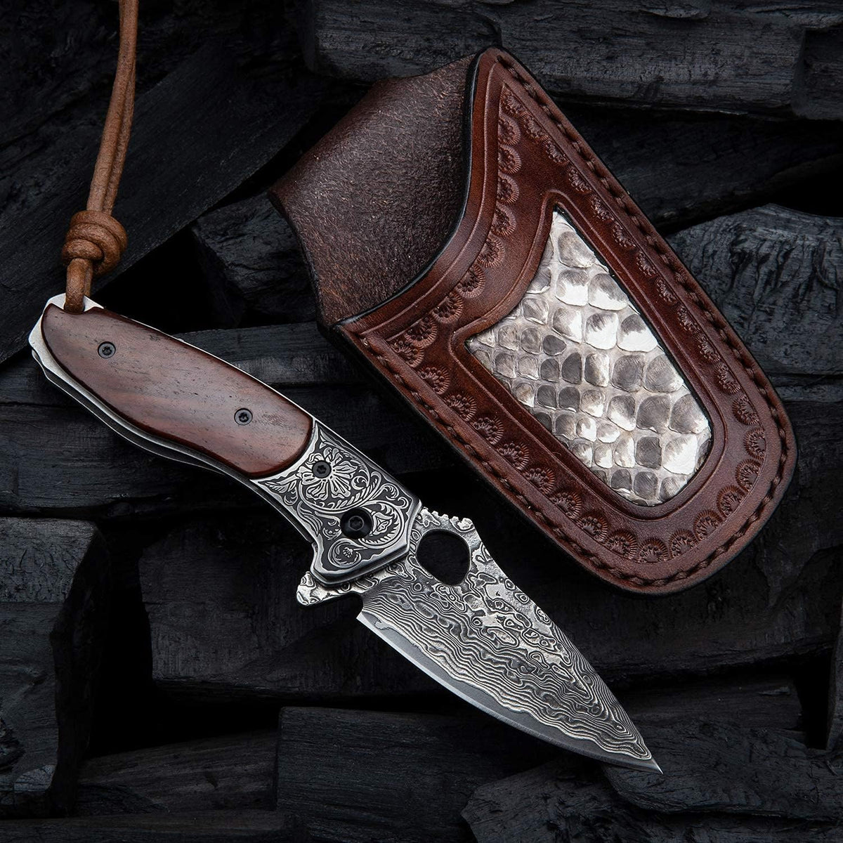 2.5in VG10 Damascus Steel Folding Pocket Knife with Rosewood Handle I8780