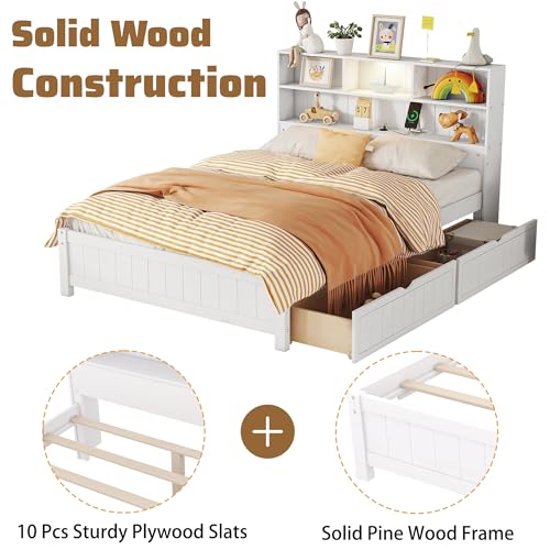 White Twin Size Platform Bed with Bookcase Headboard and 2 Storage Drawers G43032