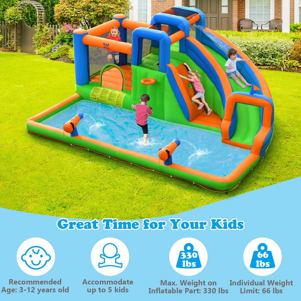 Inflatable Water Slide Bounce Castle with Dual Climbing Walls and 735W Blower W92393