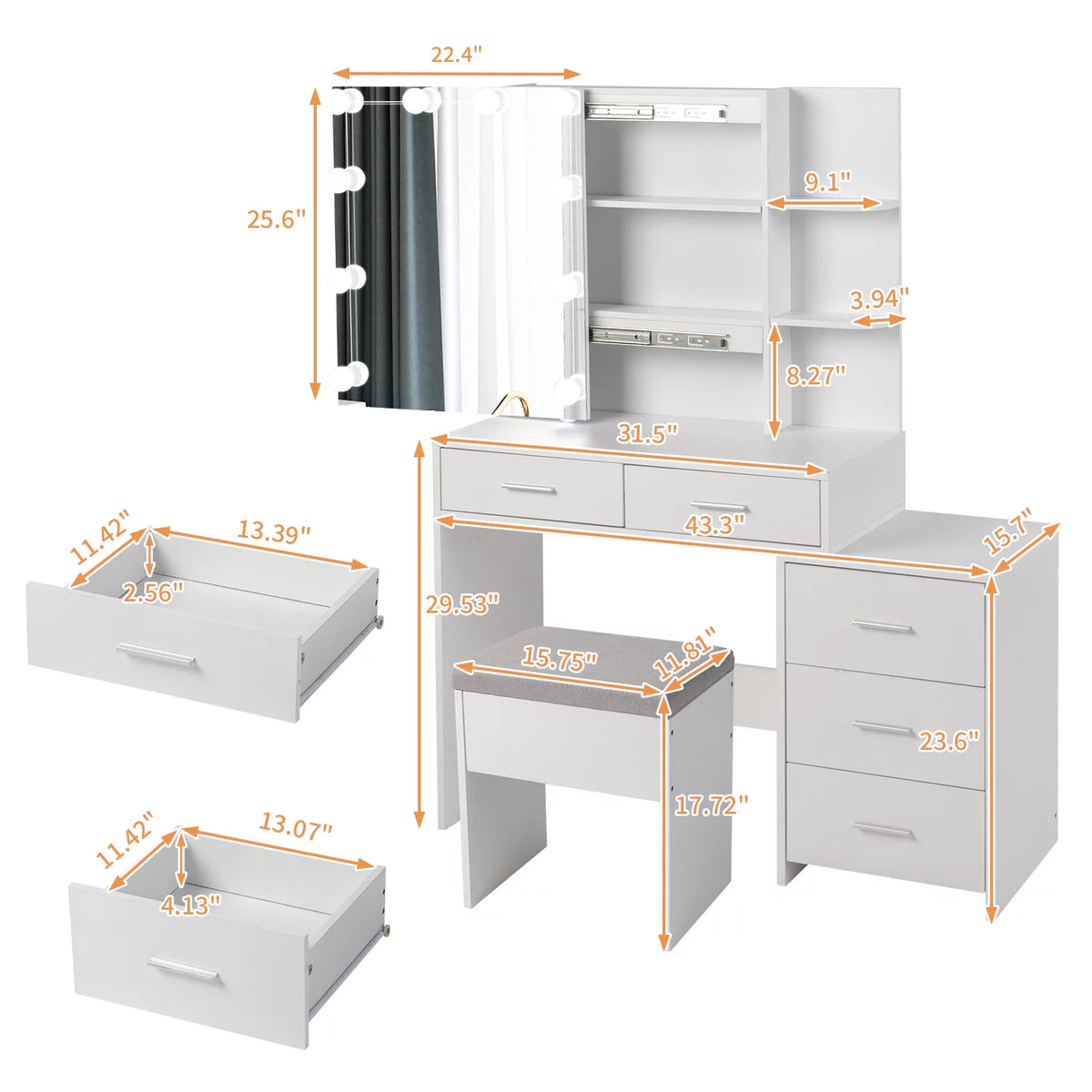 Modern Vanity Table Set with Lighted Mirror, 5 Drawer White A612