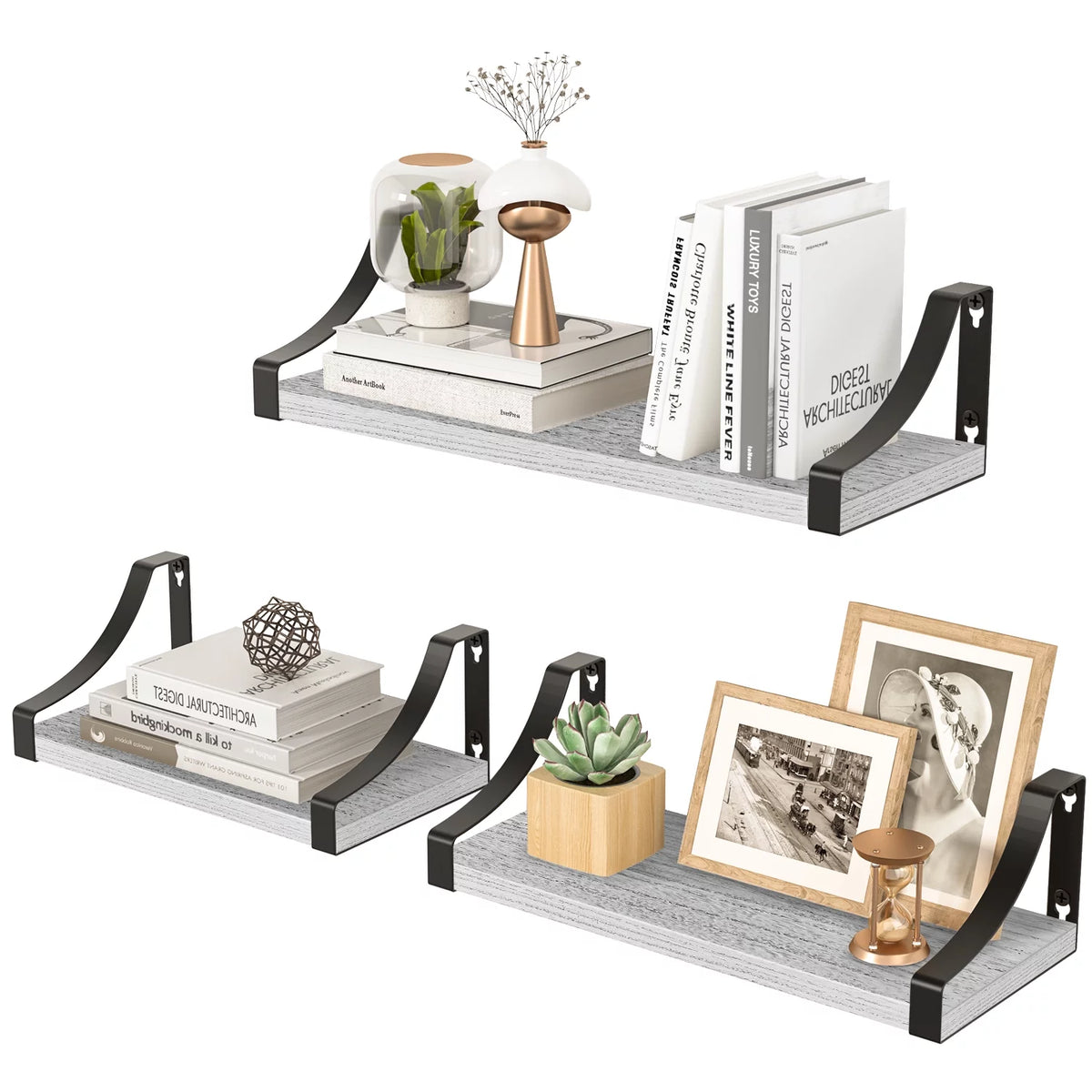 Set of 3 Wall Mounted Wood Rustic Floating Shelves K752035