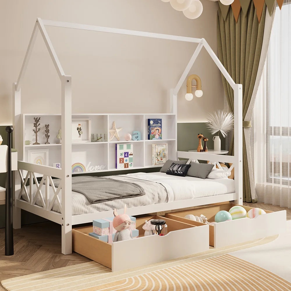 Twin House Bed with Trundle and Storage Shelve F524948