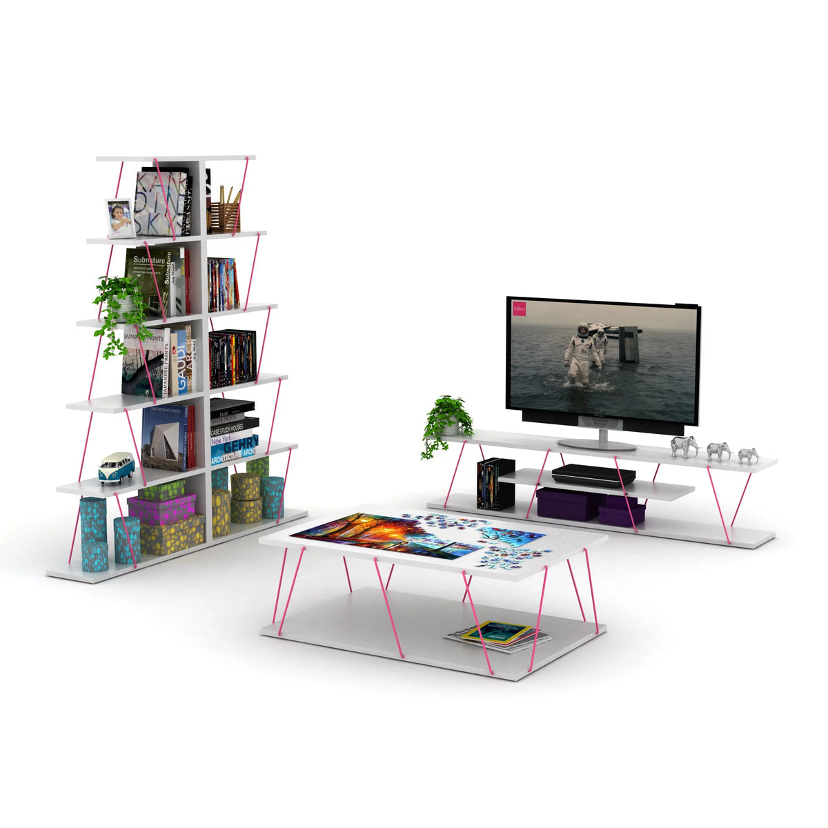 Modern 5 Tier Ladder Bookshelf, White/Pink X21306