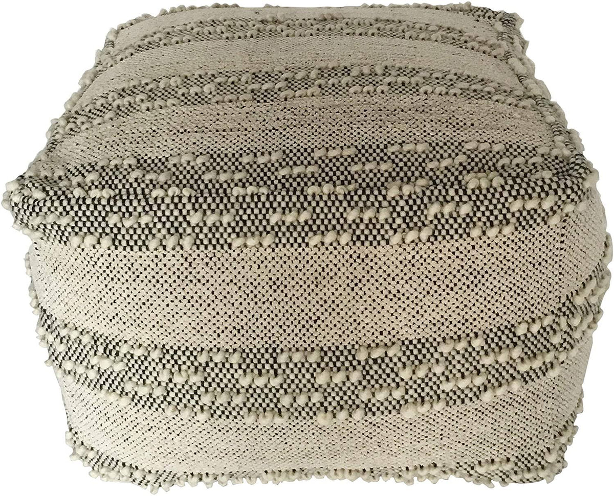 Grey Off/White Woven Striped Cotton Wool Square Pouf H862