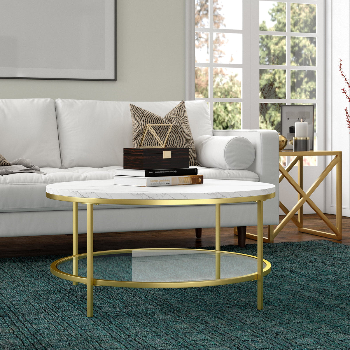 36" Wide Round Coffee Table with Faux Marble Top S820