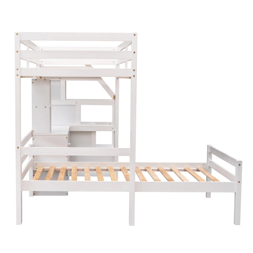 Wood Twin Bunk Loft Bed with Desk, Drawers and Shelf, White P382033