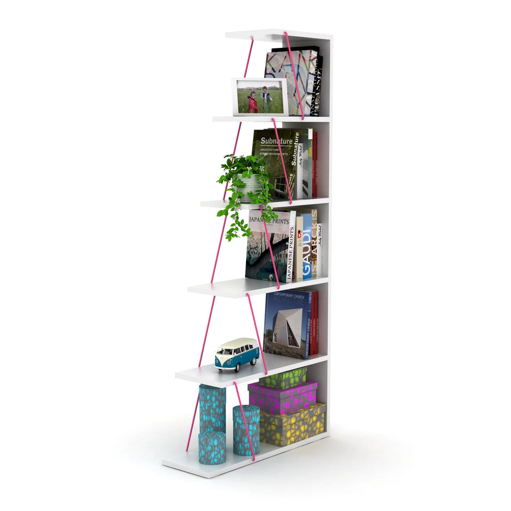 Modern 5 Tier Ladder Bookshelf, White/Pink X21306