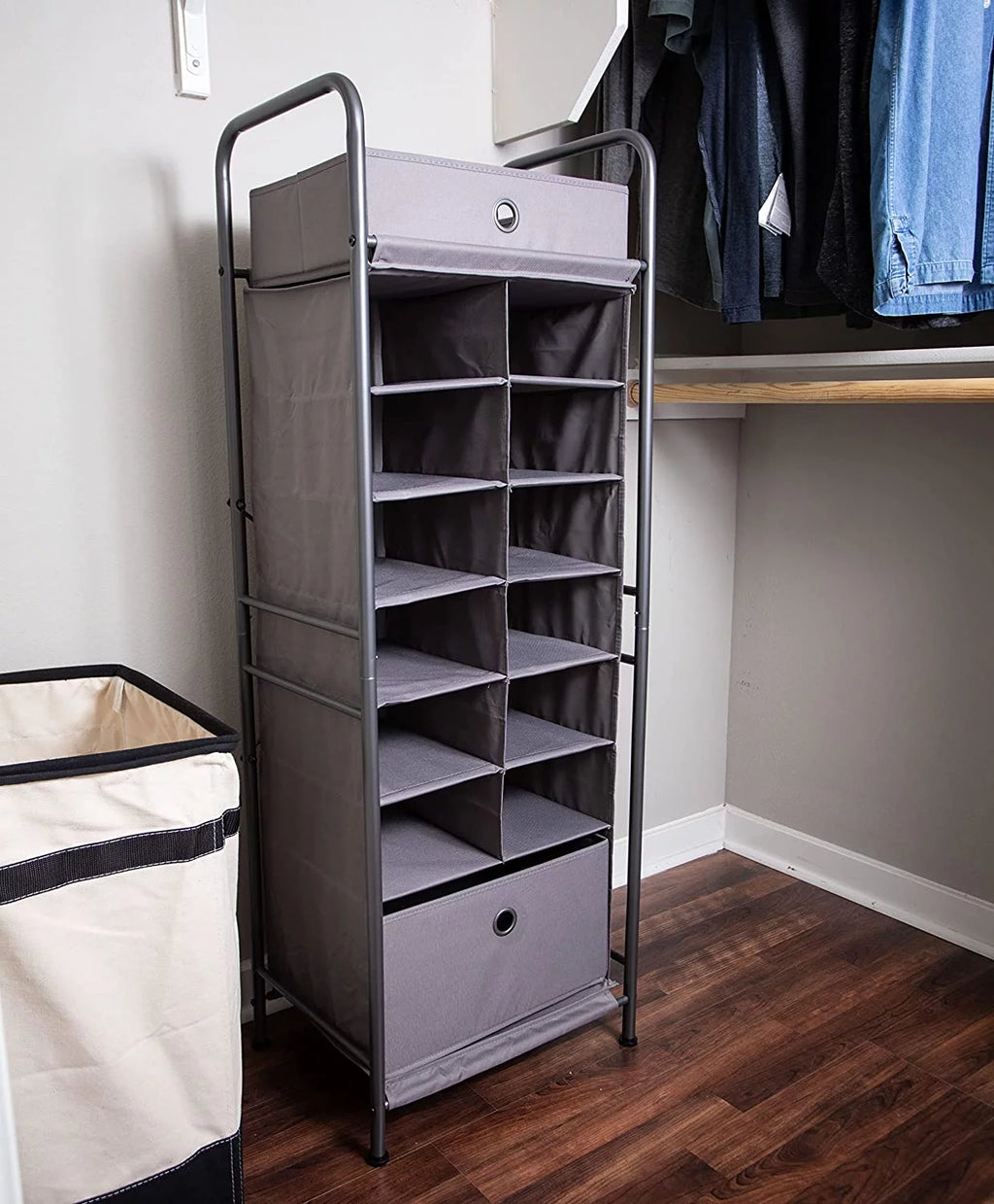 Grey 12 Cubby Vertical Shoe Rack Organizer with Drawer P5202