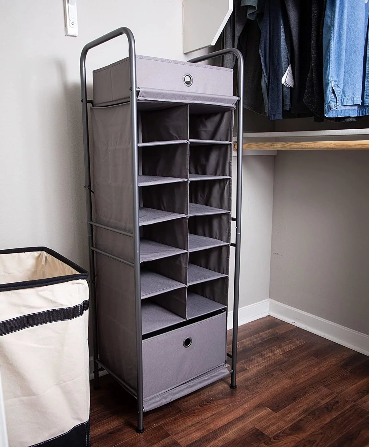 Grey 12 Cubby Vertical Shoe Rack Organizer with Drawer P5202