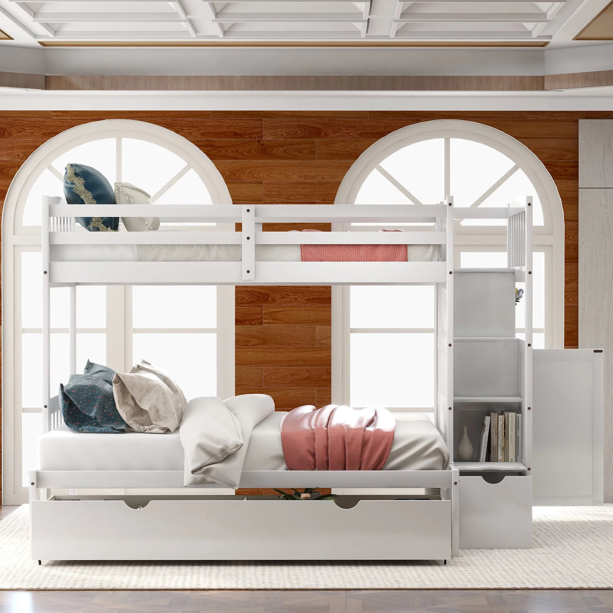White Twin over Twin Bunk Bed with Drawer and Cabinet A705303