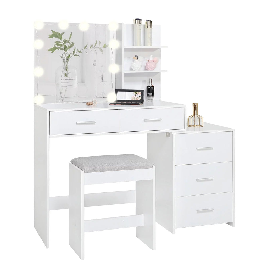 Modern Vanity Table Set with Lighted Mirror, 5 Drawer White A612