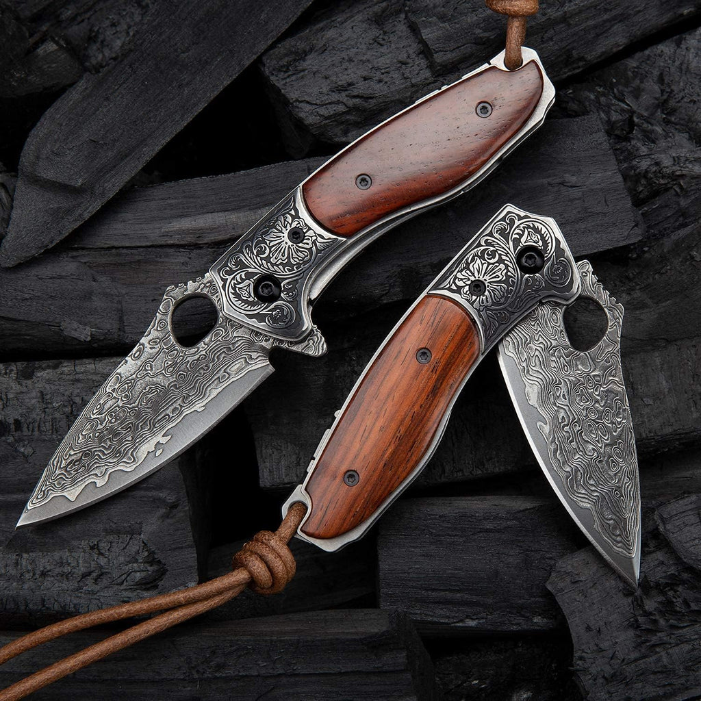 2.5in VG10 Damascus Steel Folding Pocket Knife with Rosewood Handle I8780