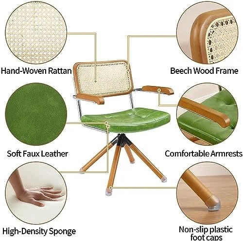 Rattan Faux Leather Office Chair with Wood Legs T29663
