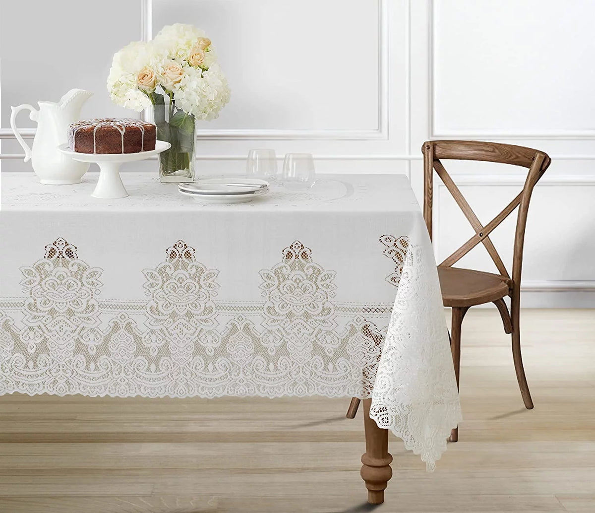 White Polyester Lace Tablecloth 52 x 70 Inch F616