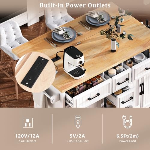 56.5" Rolling Kitchen Island with Drop Leaf, Power Outlet, 4 Doors, 5 Drawers, Black F3016