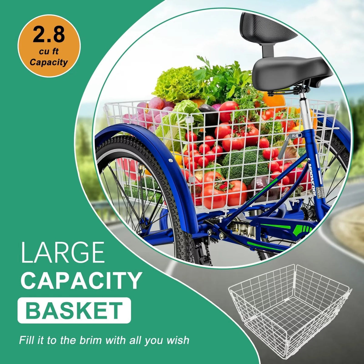 Cyan 26 inch 7-Speed Adult Tricycle with Basket A307