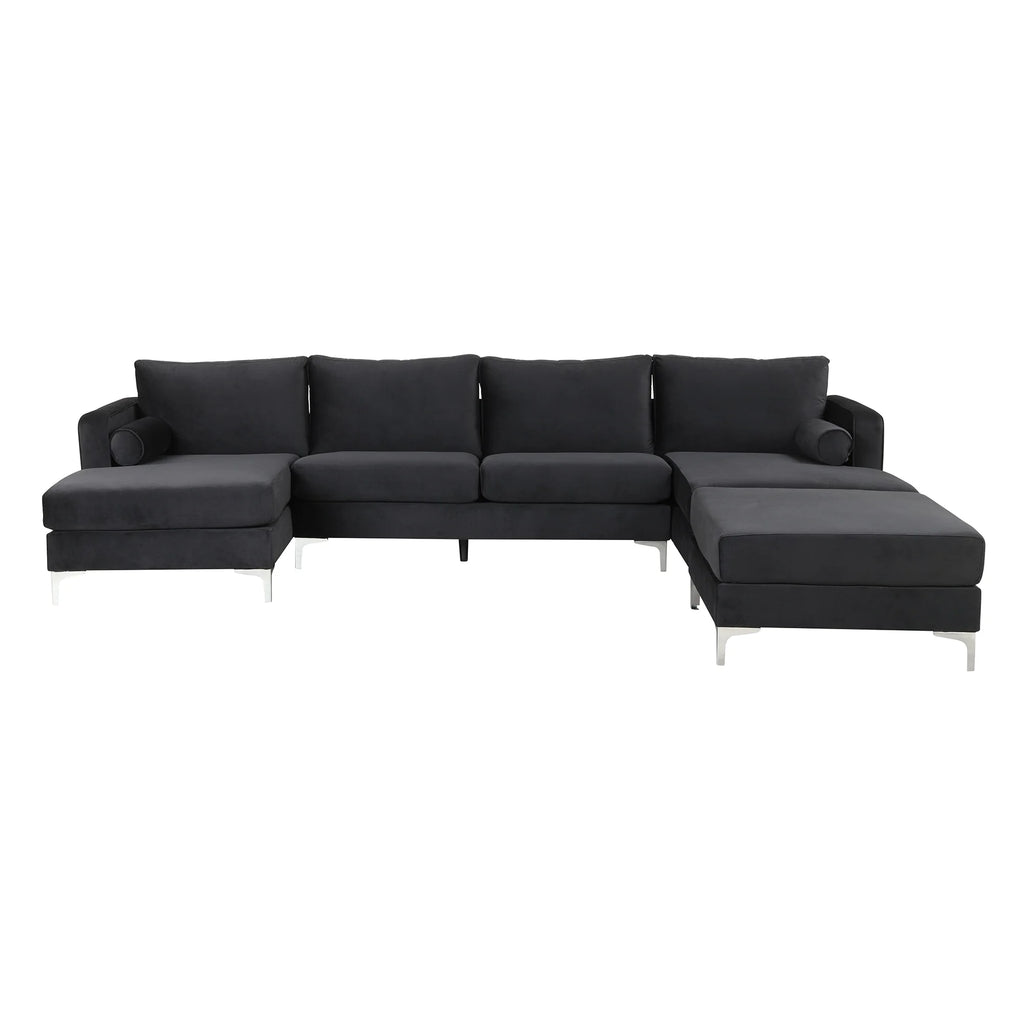 Black Velvet U-Shape Sectional Sofa with Ottoman Y535