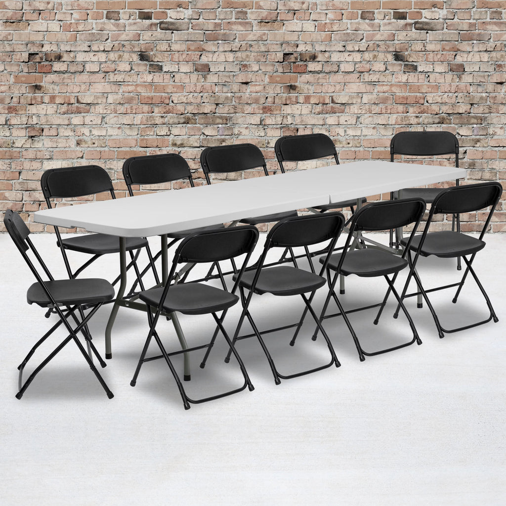 8' Bi-Fold Granite White Plastic Folding Table Set with 10 Folding Chairs F363722
