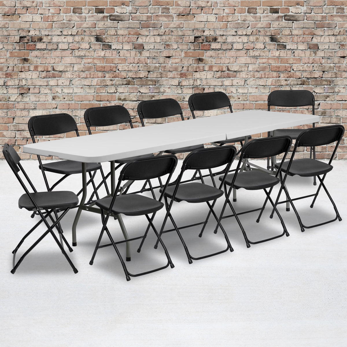 8' Bi-Fold Granite White Plastic Folding Table Set with 10 Folding Chairs F363722