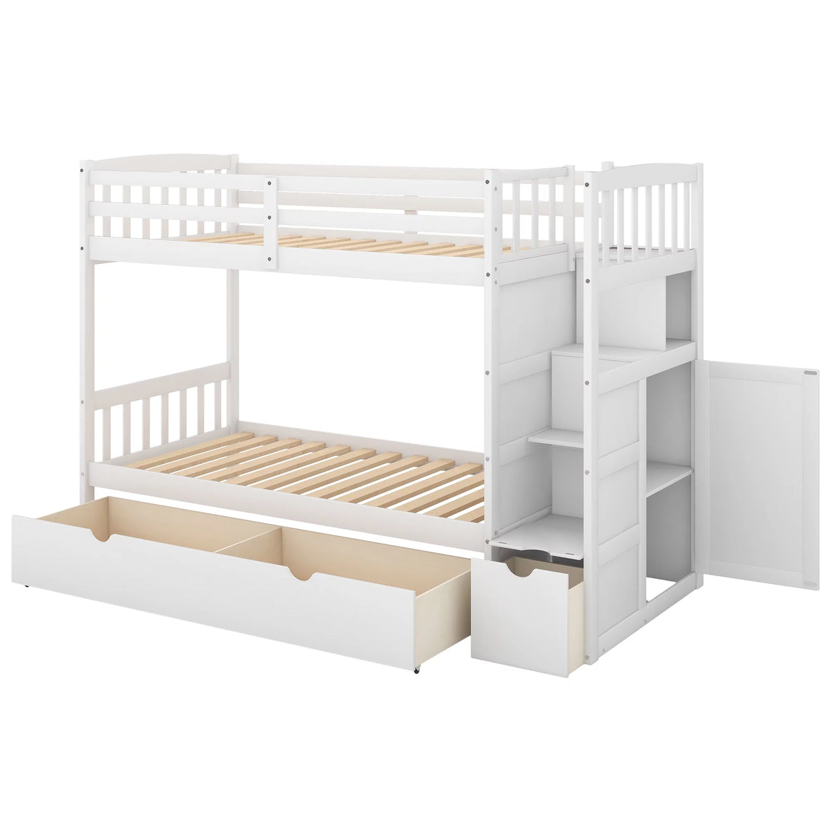 White Twin over Twin Bunk Bed with Drawer and Cabinet A705303