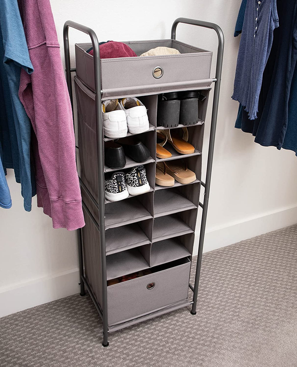 Grey 12 Cubby Vertical Shoe Rack Organizer with Drawer P5202