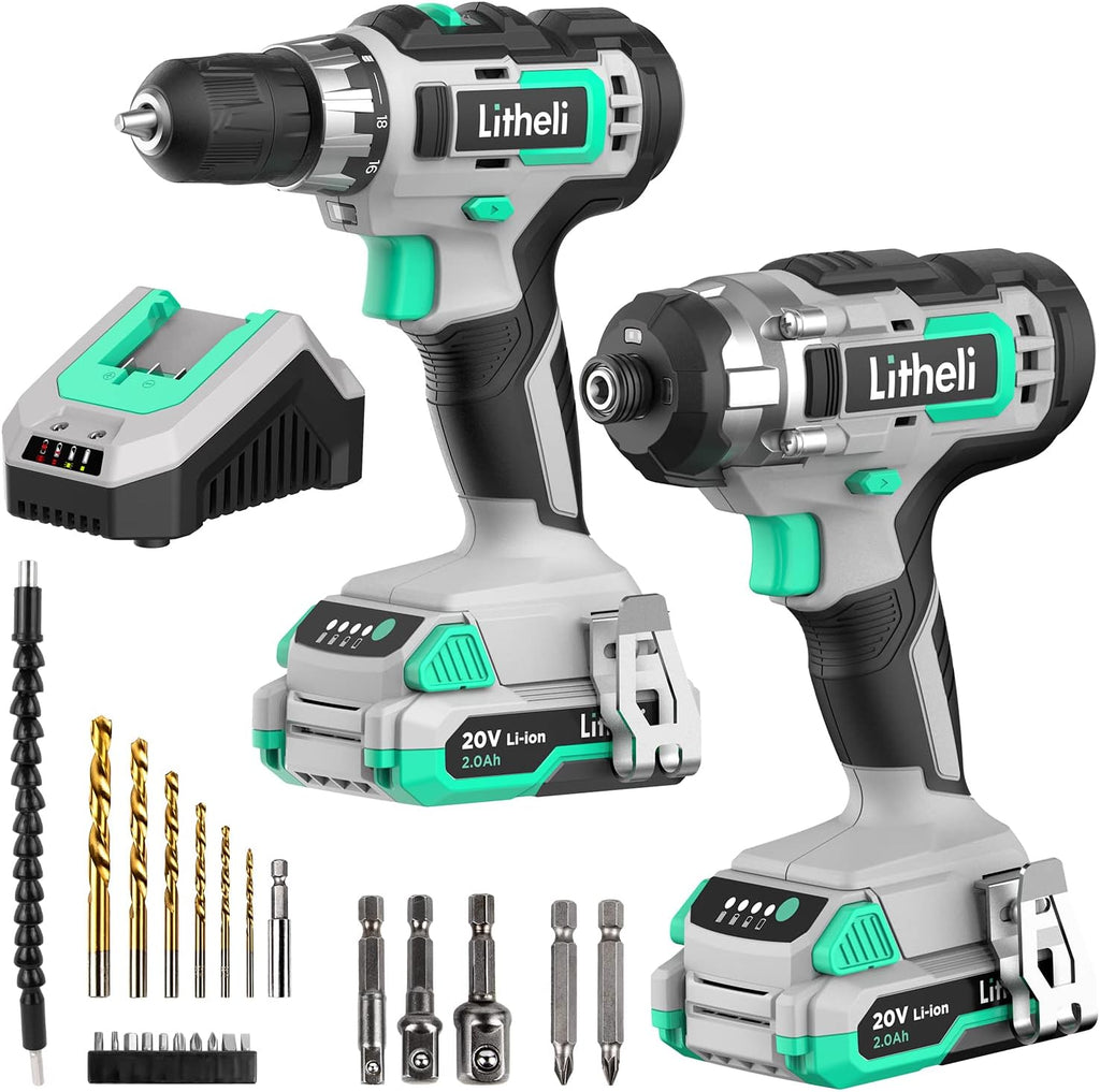 20V Cordless Drill and Impact Driver Combo Kit with 2 Pcs 2.0 Ah Battery and Fast Charger V923145