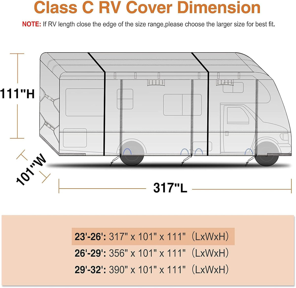 Windproof Waterproof Rip-Stop RV Cover for 23’-26’ Motorhome with 2Pcs Extra Long Straps & Gutter Covers U321
