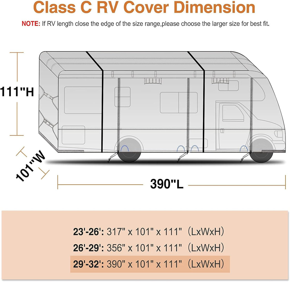 Windproof Waterproof Rip-Stop RV Cover for 23’-26’ Motorhome with 2Pcs Extra Long Straps & Gutter Covers U321
