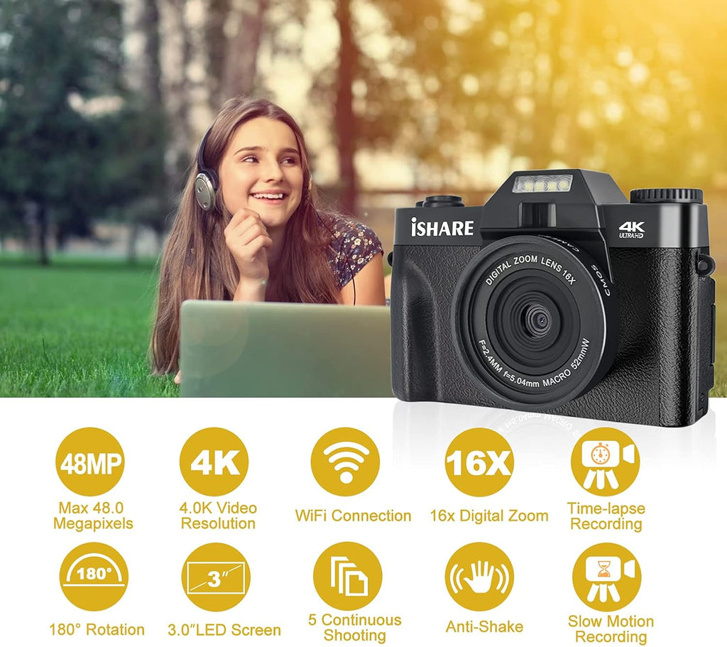 4K 48MP Digital Camera with 3.0 inch 180Deg Flip Screen and 2 Batteries B89965