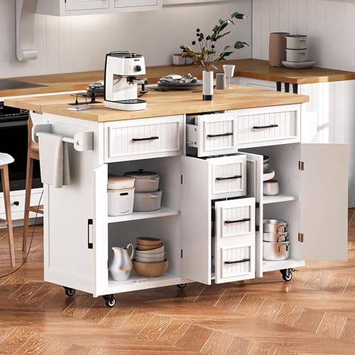 56.5" Rolling Kitchen Island with Drop Leaf, Power Outlet, 4 Doors, 5 Drawers, Black F3016