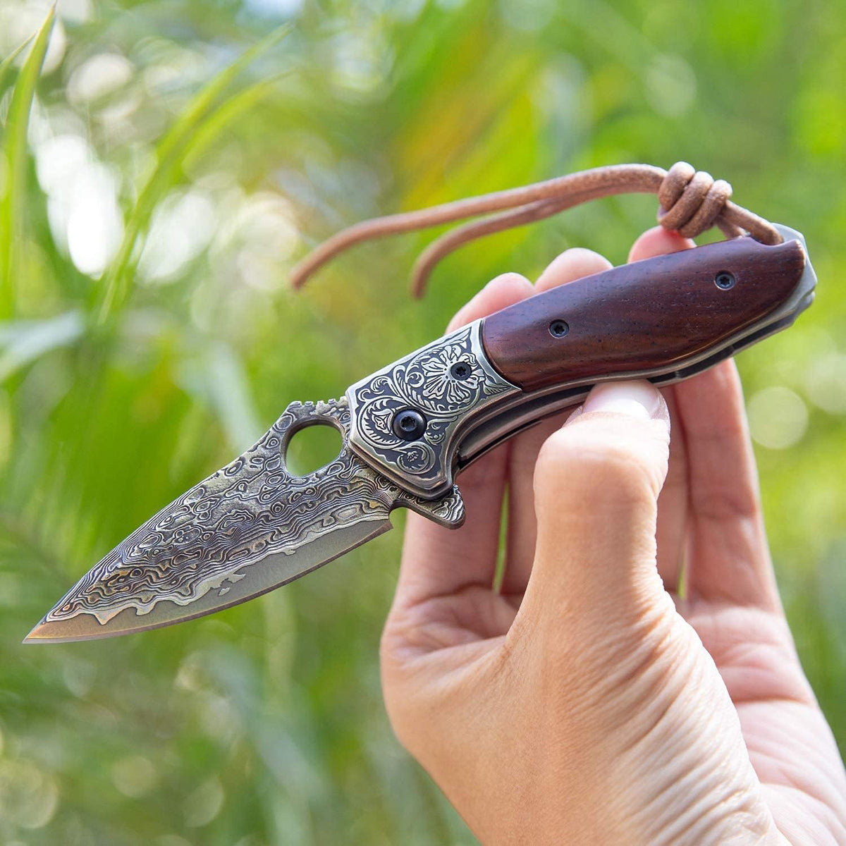 2.5in VG10 Damascus Steel Folding Pocket Knife with Rosewood Handle I8780